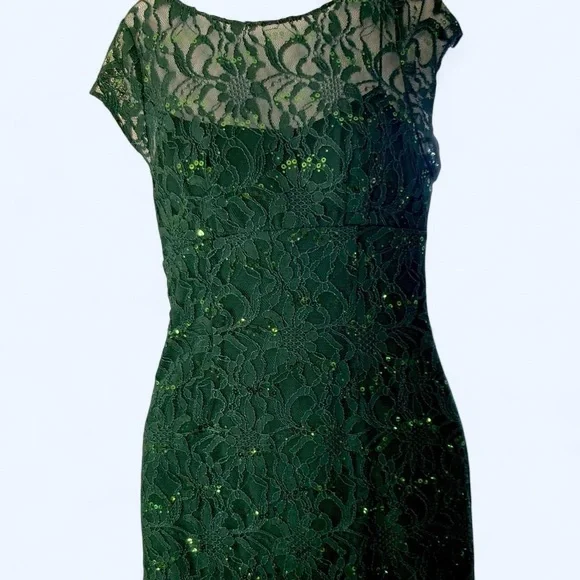 Adrianna Papell Hailey green lace dress with sequins and zipper back 2 - Picture 2 of 7